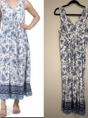 Lucky Brand White and Blue Paisley V-Neck Maxi Dress